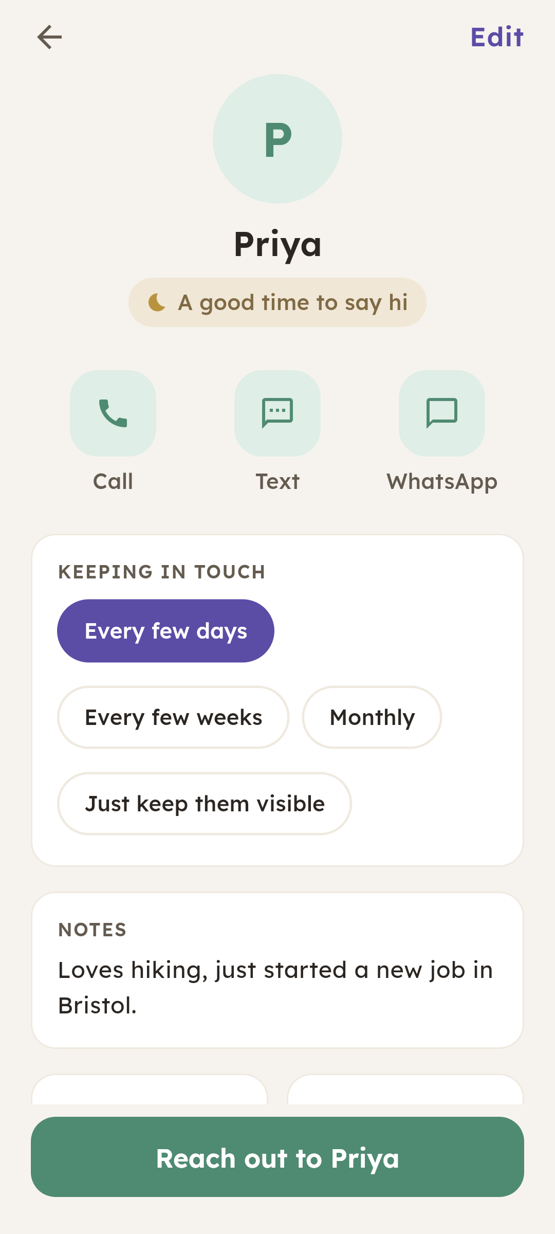 A person's detail screen with one-tap call, text and WhatsApp buttons