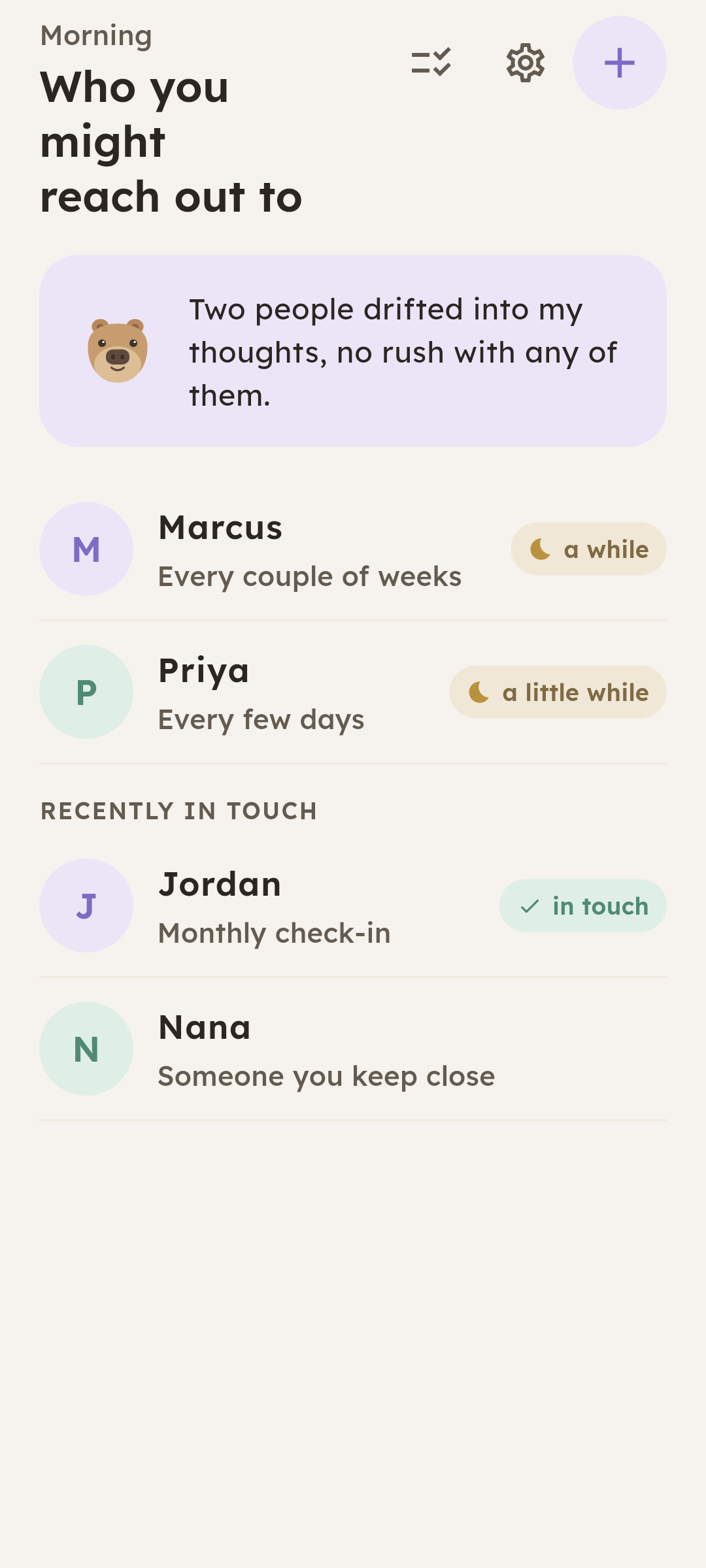 Bo's home screen: who you might reach out to, with soft moon-and-word status chips
