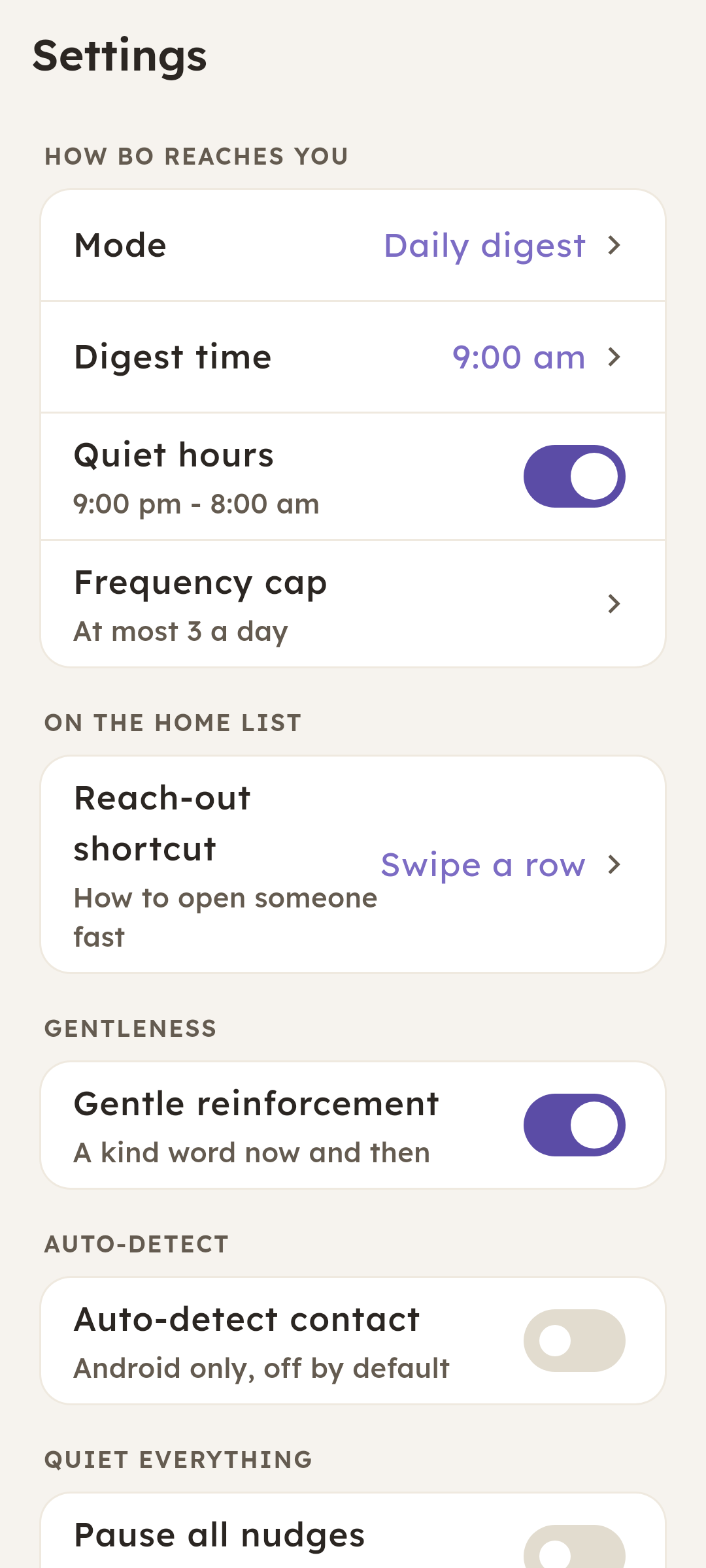 Settings screen: digest mode, quiet hours, and gentle reinforcement
